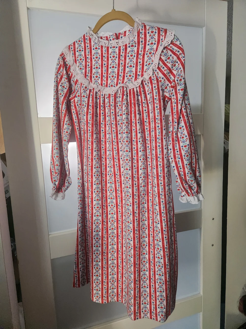 Girls' Red & White Floral Stripe Nightgown with Ruffle Trim